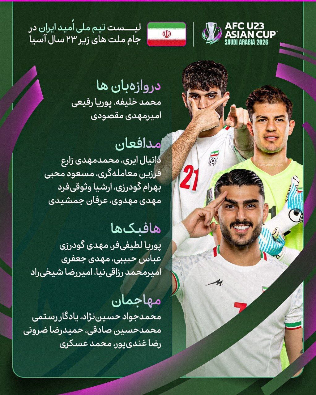 لیست نهایی تیم امید ایران برای حضور در جام ملتهای آسیا ۲۰۲۶ لیست نهایی تیم امید ایران برای حضور در جام ملتهای آسیا ۲۰۲۶