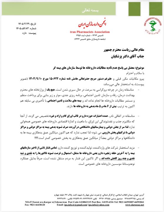 نامه انجمن داروسازان به پزشکیان؛ دو پیشنهاد داروخانهها به رئیس جمهوری نامه انجمن داروسازان به پزشکیان؛ دو پیشنهاد داروخانهها به رئیس جمهوری