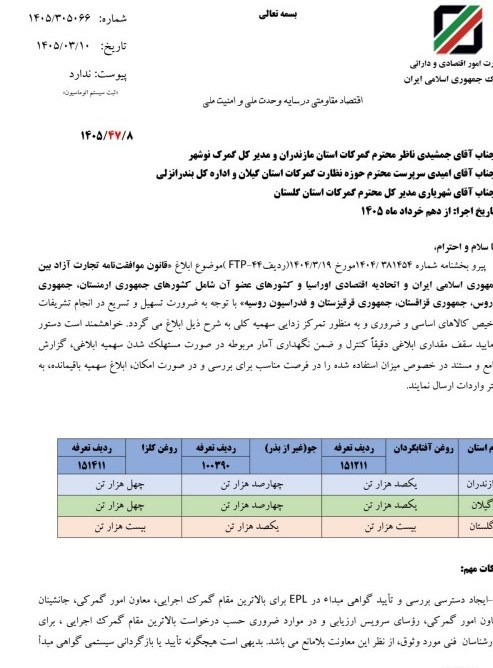 جزئیات سهمیه واردات روغن وجو از مسیر تجارت آزاد اوراسیا به گمرکات شمال واردات ,