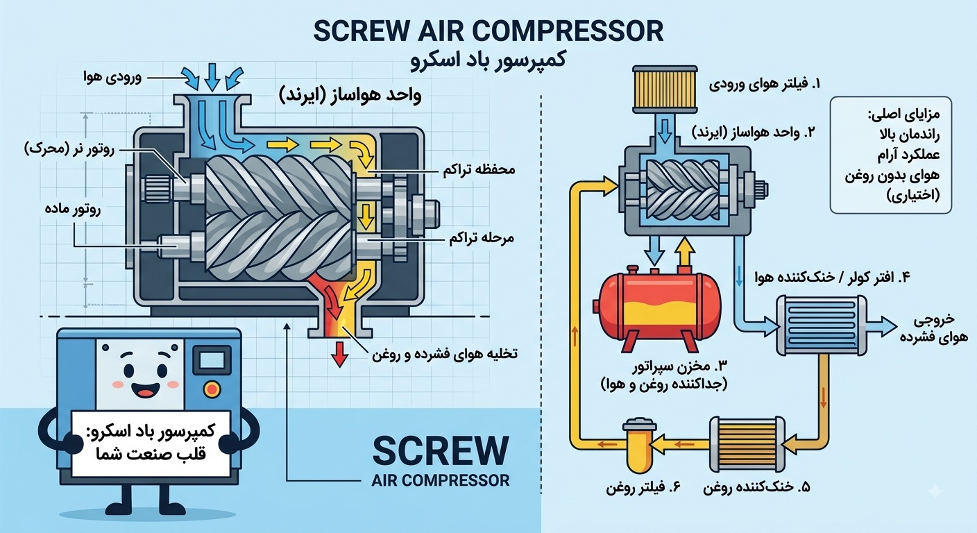 مکانیسم کارکرد کمپرسور مارپیچی یا اسکرو